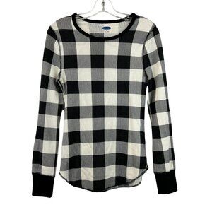 Old Navy Long Sleeve Round Neck Black/Ivory Check Thermal Top Round Hem M